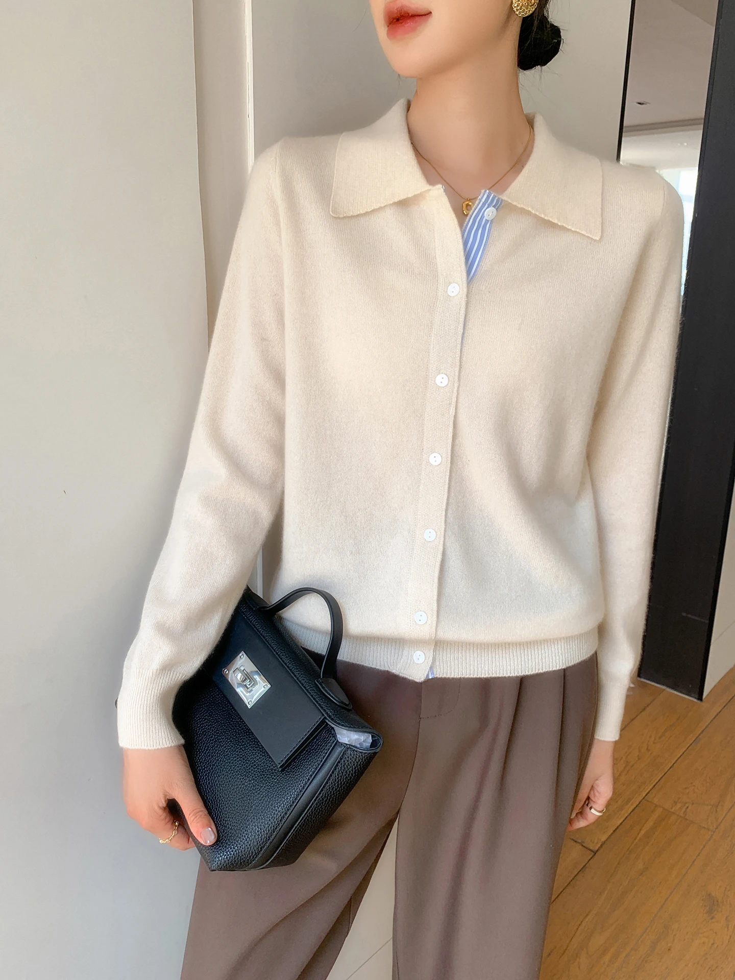 

Autumn Winter Fashion Korean Knitted Pullovers Jumper Women Cardigans Single Breasted Polo Collar Fake Two Pieces Long Sleeves