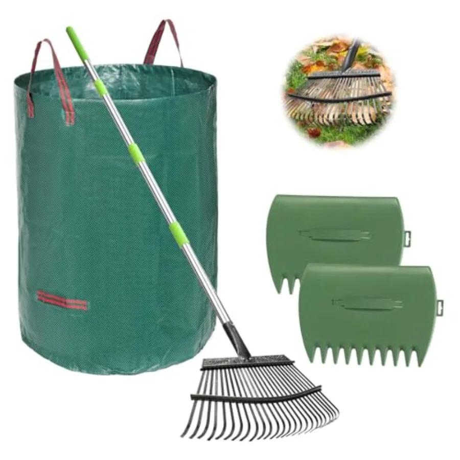 

65 Inch Rake for Leaves, 25 Tines Metal Leaf Rake Set with 32 Gallon Leaf Bags Scoops, Garden Rakes 18in Wide, Rakes for Garden