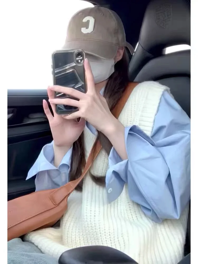 Blue Long Sleeve Shirt Autumn Winter Base Layer Inner Wear Shirt with Vest 2025 New Fall Women's Long Sleeve Top