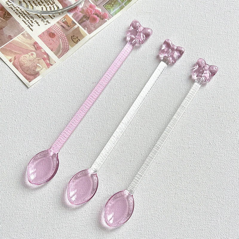 

Dreamy Pink Bow Transparent Glass Coffee Brewing Beverage Stirring Rod Cup Blender Small Spoon