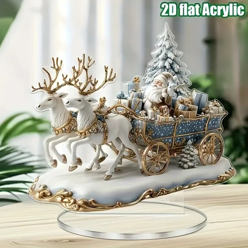 Christmas Theme Santa Sleigh Reindeer Tabletop Ornament, Xmas Tree Decoration for Desktop, Acrylic 2D Navidad Party Supplies