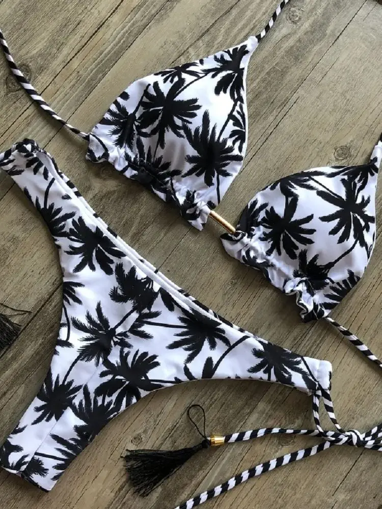 RUOTONSEPT Sexy Black And White Coconut Tree Printed Bikini Sets Women Swimsuit Triangle Halter Swimwear Bathing Suit Brazilian