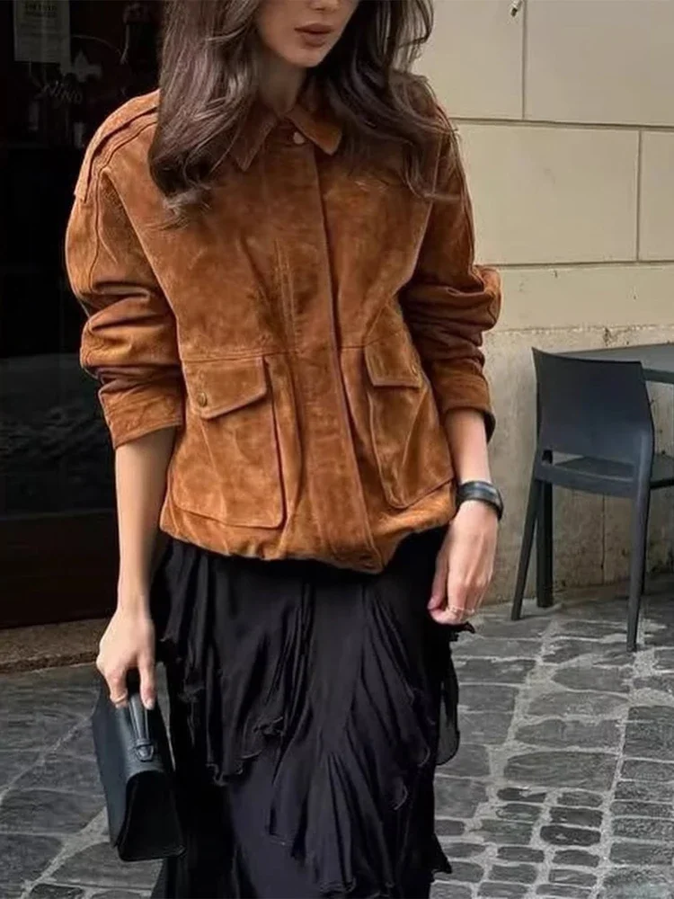 Senhora chique lapela curto bombardeiro jaqueta casual manga cheia com zíper bolso solto colheita jaquetas 2026 primavera feminino diário rua outerwear