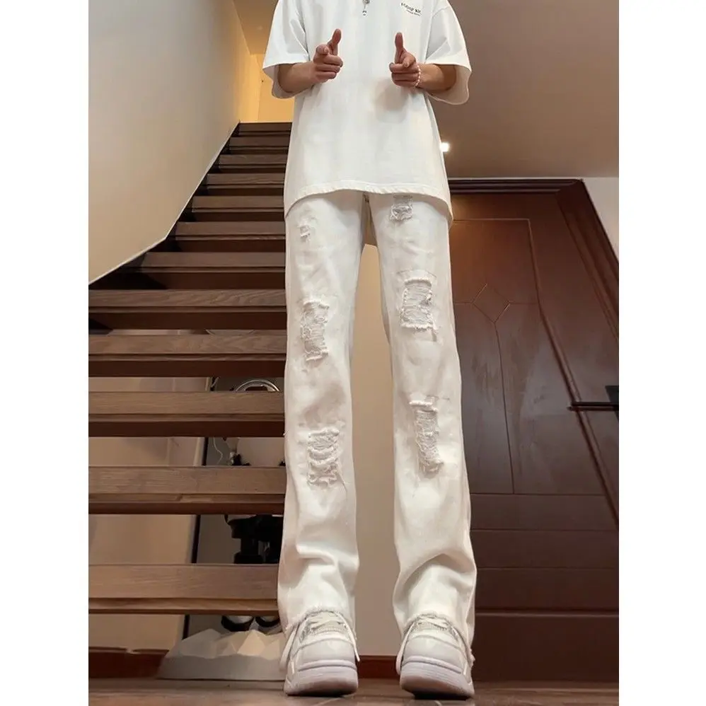 

White Hole Denim Jeans Men Summer Thin High Street Design Micro Flared Straight Leg Jeans mid Waist Cotton Polyester Blend