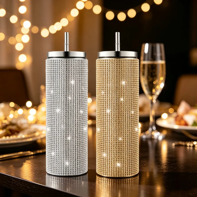 Full Rhinestone Thermos Cup with Metal Straw Shiny 304 Stainless Steel Thermos Bottle Office Travel Ladies Fashion Daily Gift
