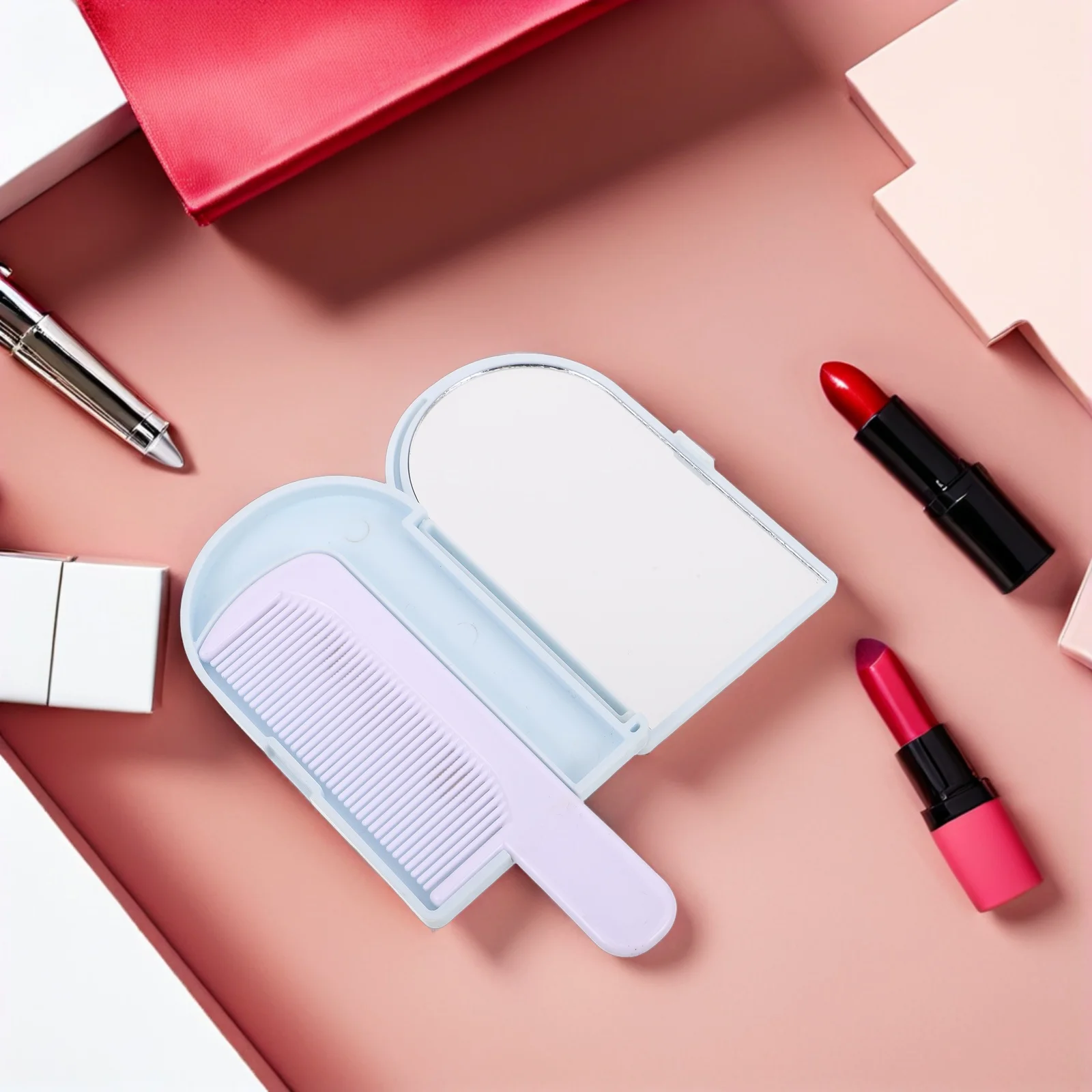 

Vanity Mirror Diamond-in Portable Makeup Folding Compact Mirrors Cute Foldable Hand Wallet for Women Pink Purse Travel