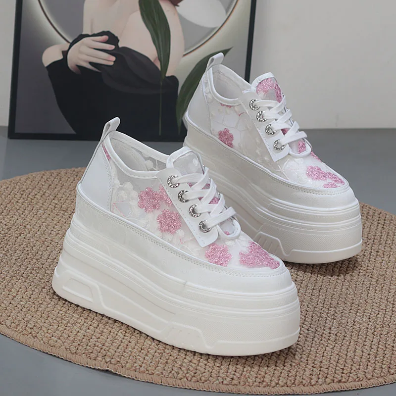 شبكة تنفس سميكة وحيد منصة حذاء أبيض الترا عالية الكعب 12 سنتيمتر الارتفاع زيادة 10 سنتيمتر للنساء قصيرة الدانتيل شبكة أحذية رياضية #6