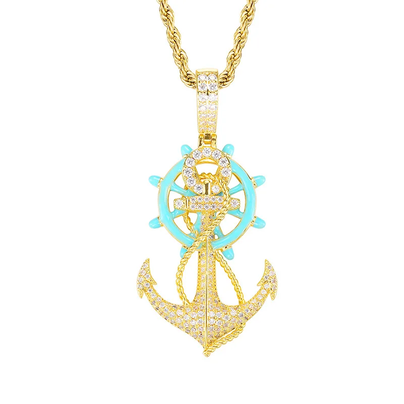 Hip Hop 5A+ CZ Stone Paved Bling Iced Out Luminous Anchor Rudder Pendants Necklace for Men Rapper Jewelry Drop Shipping Gift