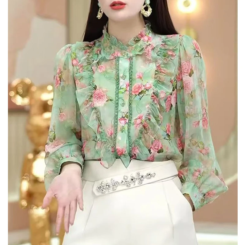 

2026 Spring Sweet Rose Printed Shirt Elegant Fashion Ruffles Collar Women Chiffon Blouse Loose Long Sleeve Casual OL Tops