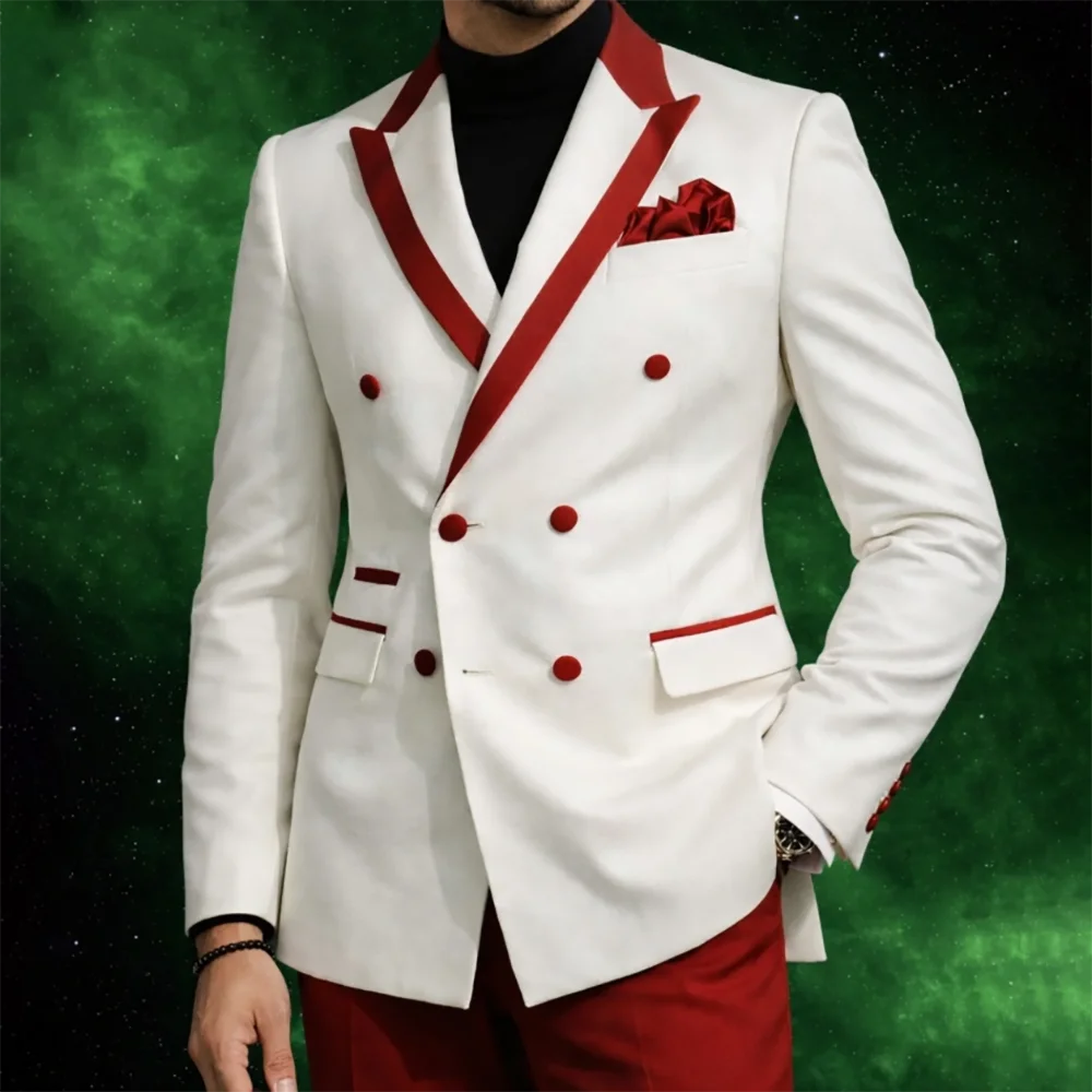 Bold Color-blocking Men's Double Breasted Suit Red Contrast Lapel Slim Fit 2 Pieces Set Wedding Party Groom Blazer Trousers