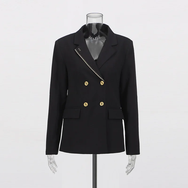 HKSH السترة للنساء جيوب مزدوجة الصدر بدوره إلى أسفل طوق سليم صالح أنيقة مزاجه المد مكتب سيدة نمط معاطف HK10750