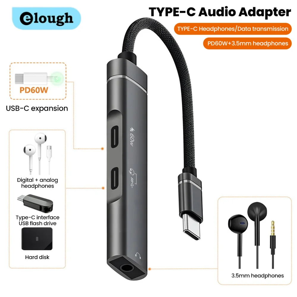 Elough DAC Audio 3.5 Adapter Type-C 3-in-1 HUB Splitter for Converting Mobile Phones Tablets To Digital Analog Audio Conversion