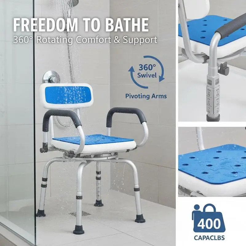 Rotating Bath Stool 15x13 Inch For Bathtub Showering Nursing Home, 360 Degree Swivel Padded Seat Foldable Padded Arms Heavy Duty 400LBS Capacity Height Adjustable Aluminum Frame Gray Top