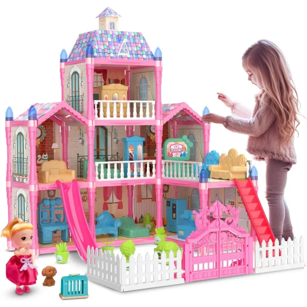 Casa de boneca luminosa dreamhouse para meninas princesa playhouse conjunto com bonecas acessórios móveis fingir jogar presentes aniversário