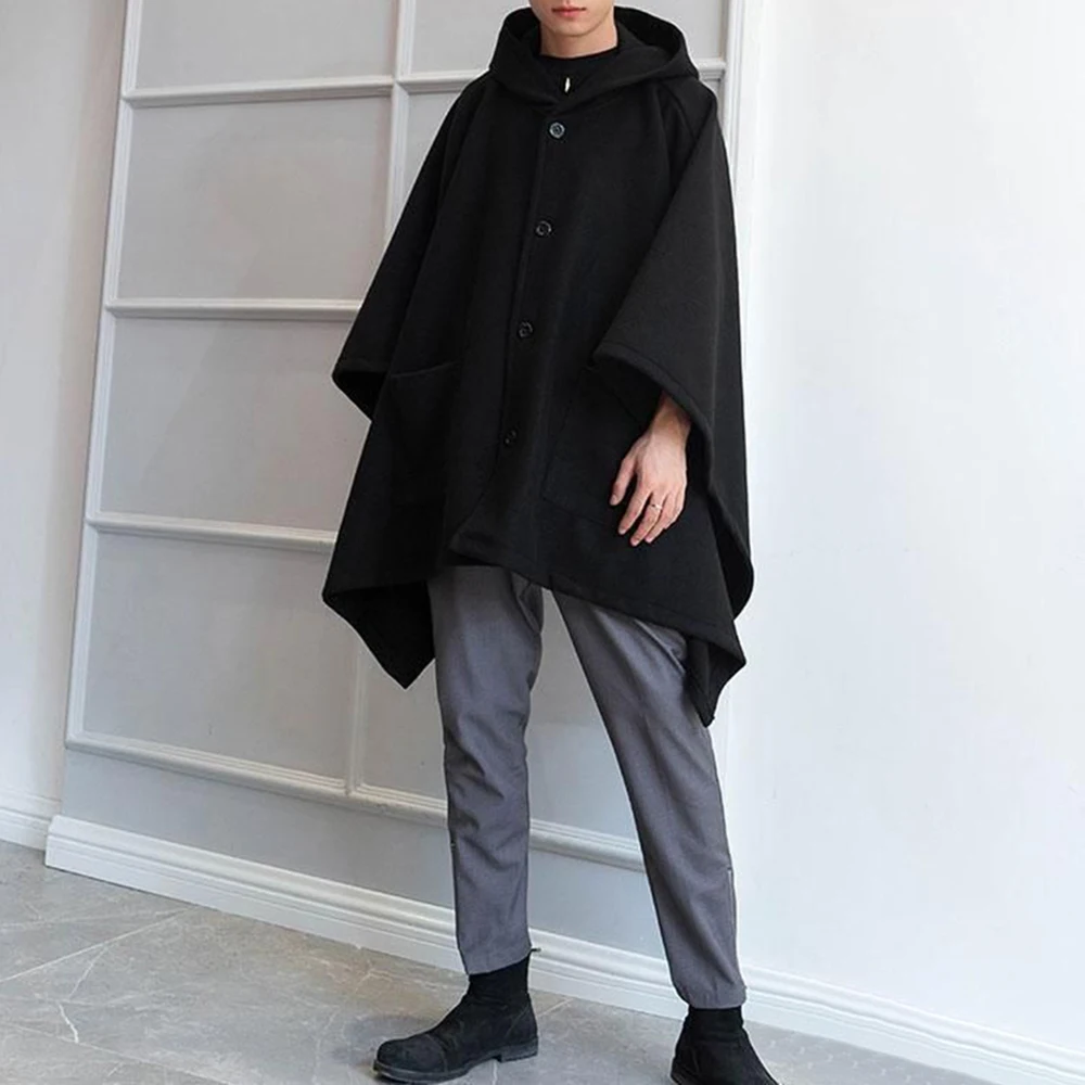 Mens Dark Style Mid-Length Casual Hooded Cape Autumn And Winter Genderless Fashion Retro Loose Solid Color Shawl Cape Unisex