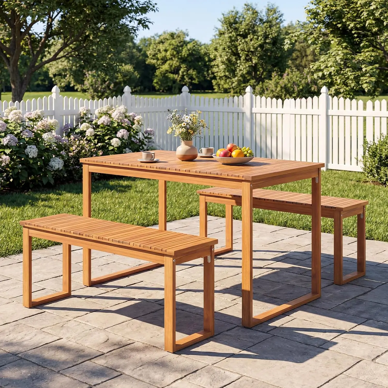 3 Pieces Patio Wooden Dining Set, Acacia Wood Rectangular Picnic Beer Table with 2 Benches for 4 People, Outdoor, Customized