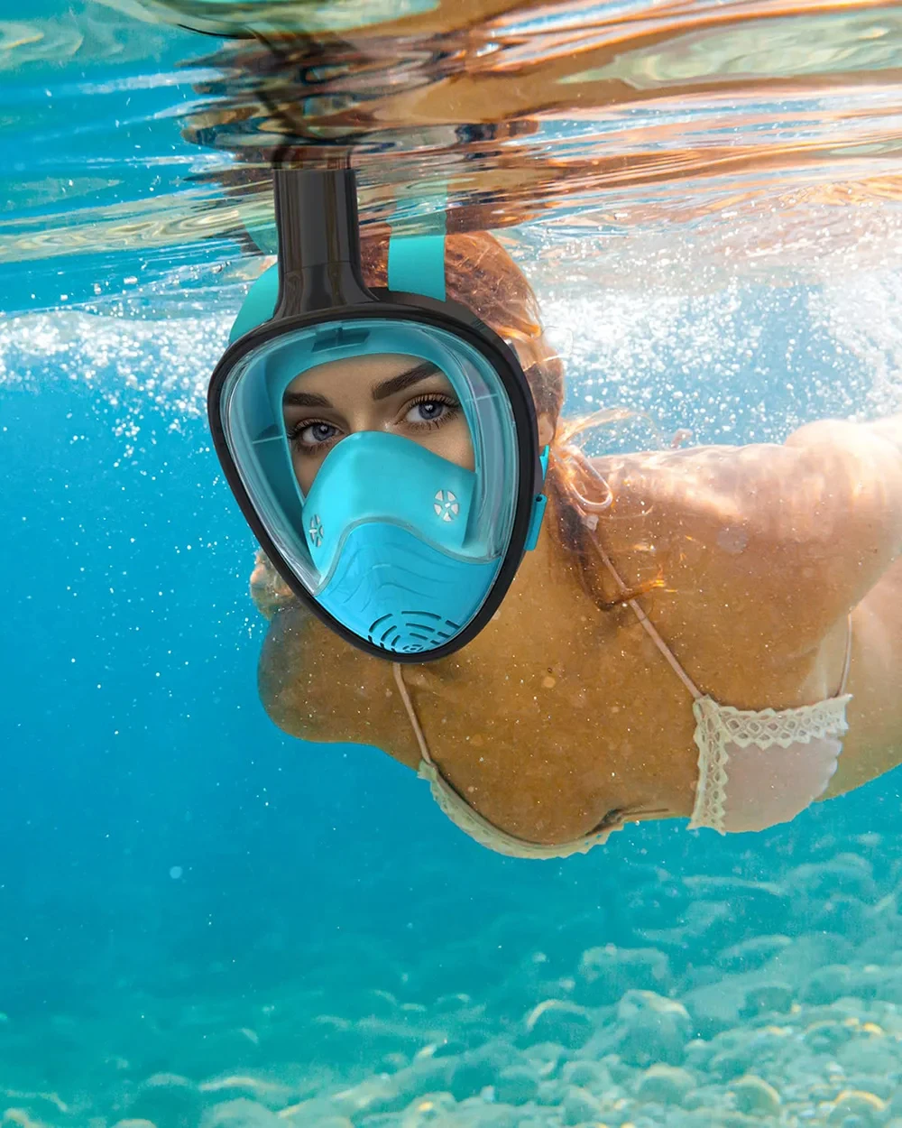 Vollgesichts-Schnorchelmaske zum Schnorcheln, Schwimmen und Tauchen mit abnehmbarer Kamerahalterung, weitem Sichtfeld, beschlagfrei und auslaufsicher für Erwachsene und Jugendliche – Detail 1