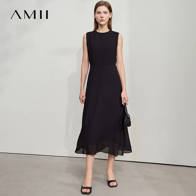 

Amii Minimalist Elegant Dress 2025 Summer New Women Office Lady Round Neck Sleeveless Slim Waist Comfort Long Dresses 12552025