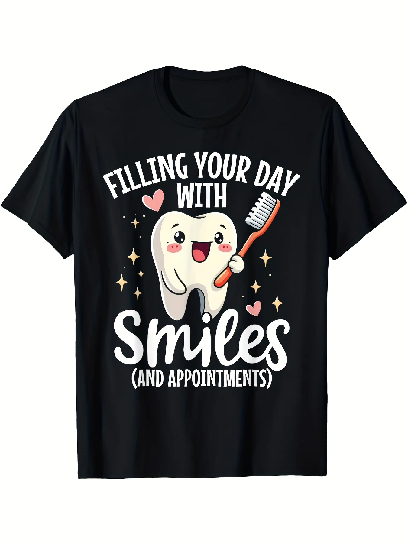 Cute T-Shirt for Dental Receptionists Featuring a Tooth Design, 180G, Classic Retro Style, Round Neck with Short Sleeves, Machine Washable, Perfect for Casual Sportswear, Comfortable Graphic Print Tee