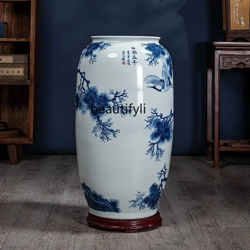 Hand-painted Songhe Yannian large vase flower arrangement floor-standing calligraphy and painting vat ornaments