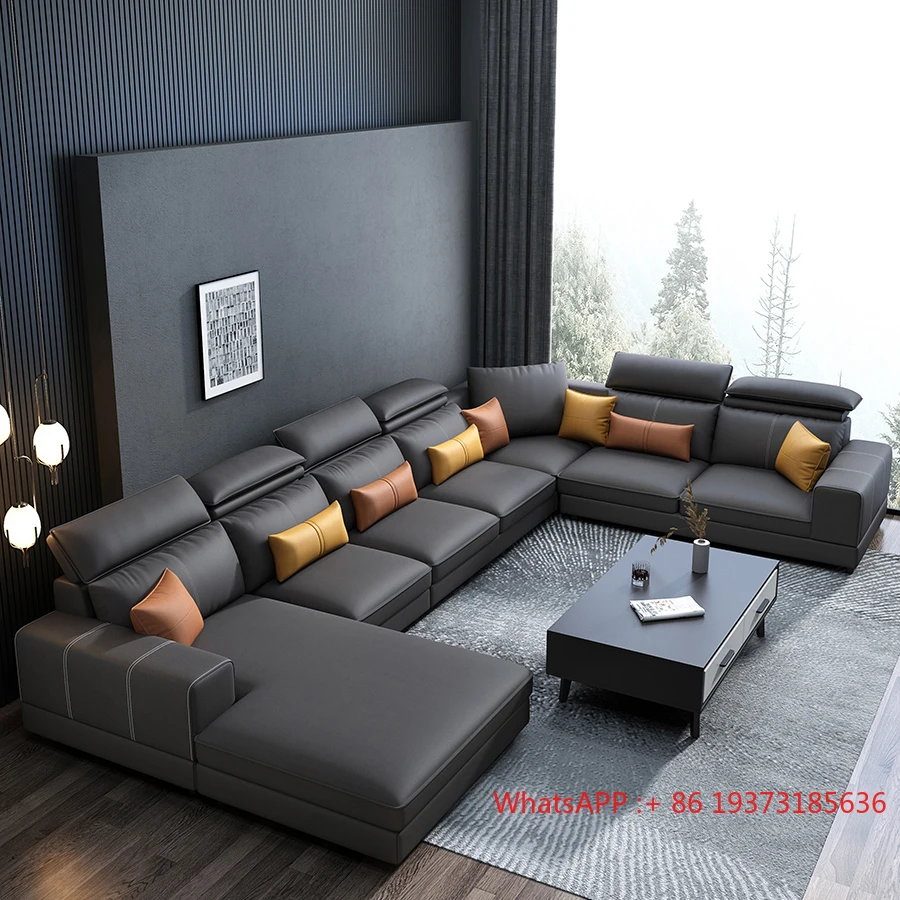 ATUNUS Furniture Manufacturer Living Room Sofas Set Leather Couch   U Shape Modular Sectional 7 SeaterSofa