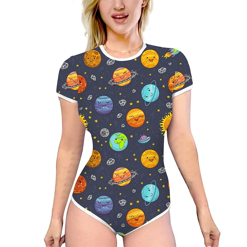 ผู้หญิงเซ็กซี่ฤดูร้อนชุดนอน Slim Romper การ์ตูนพิมพ์แขนสั้นรอบคอ Playsuit บ้านชุดนอนชุดบอดี้สูท Tights Leotard