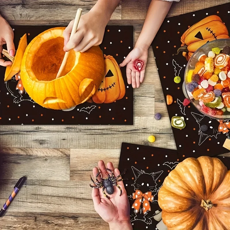 VIKAMA 4/6/8/10 قطعة هالوين ديزي اليقطين الأسود القط الخفافيش نمط المفارش للمنزل المطبخ وغرفة الطعام الديكور #3