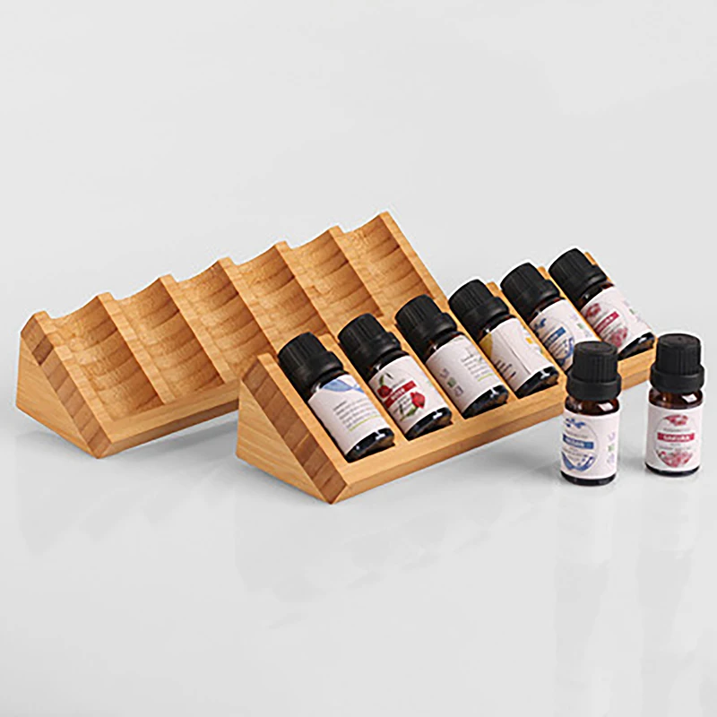 6 Slots Essential Oil Rack Desktop Mini Triangle Essential Oil Bottle Storage Organizer Bamboo Essential Oil Display Stand