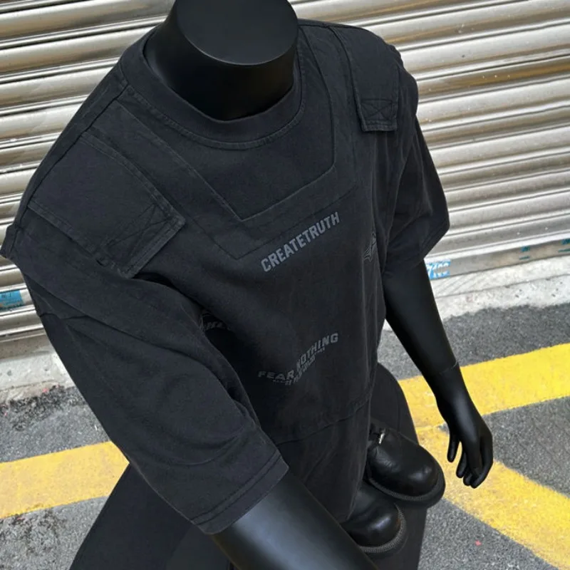 Men's Retro Vintage Workwear Short Sleeved T-shirt Street Hip-hop Trendy Niche Design Loose Tops Fake Bulletproof Vest T-shirt