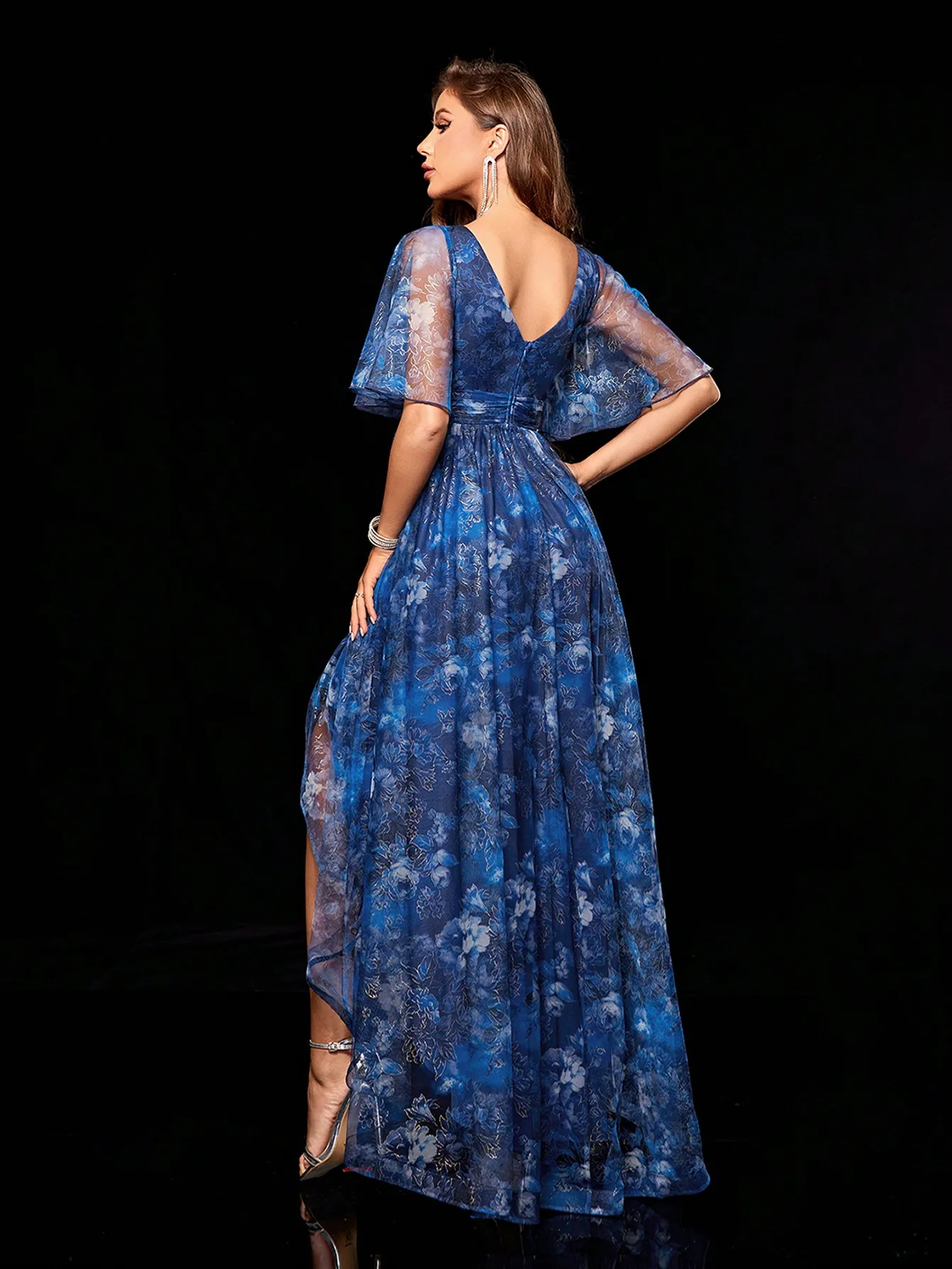 Mgiacy V-neck flared sleeves romantic print short front long irregular mesh long skirt Evening gown Ball dress Party dress