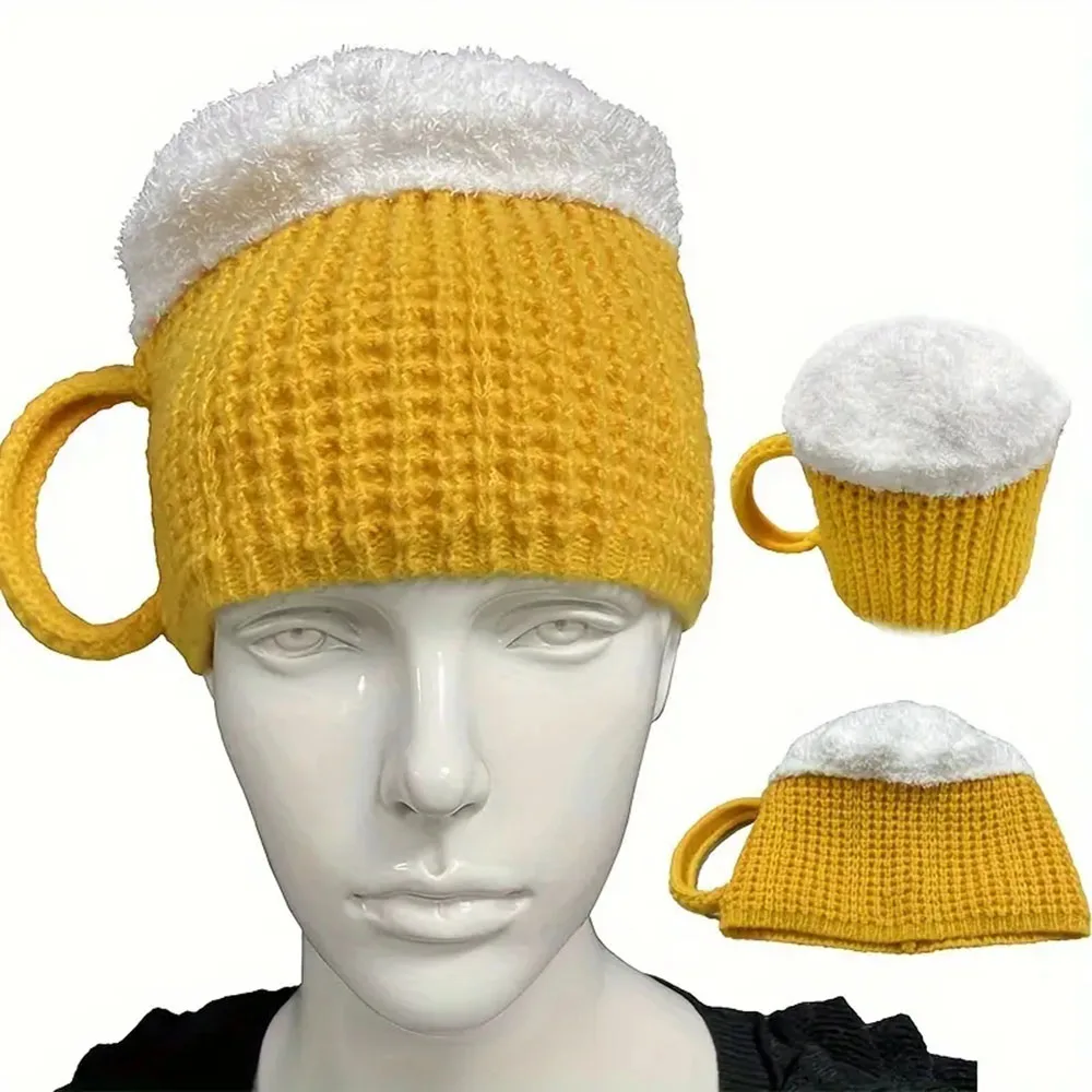 Funny 3D Beer Mug Shaped Knitted Hat for Winter Outdoor Keep Warm Knitted Thermal Hat Beanie Caps for Women Men New Year Gifts