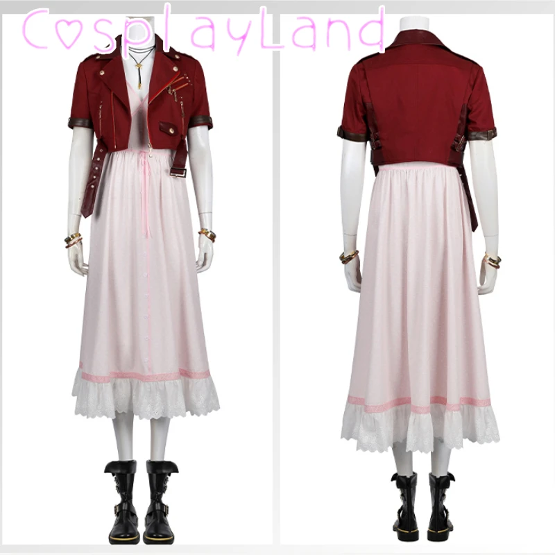 

FF7 Aerith Gainsborough Cosplay Costume Aerith Red Coat and Pink Dress Boots Full Set and Individual Items Are Sold for Women