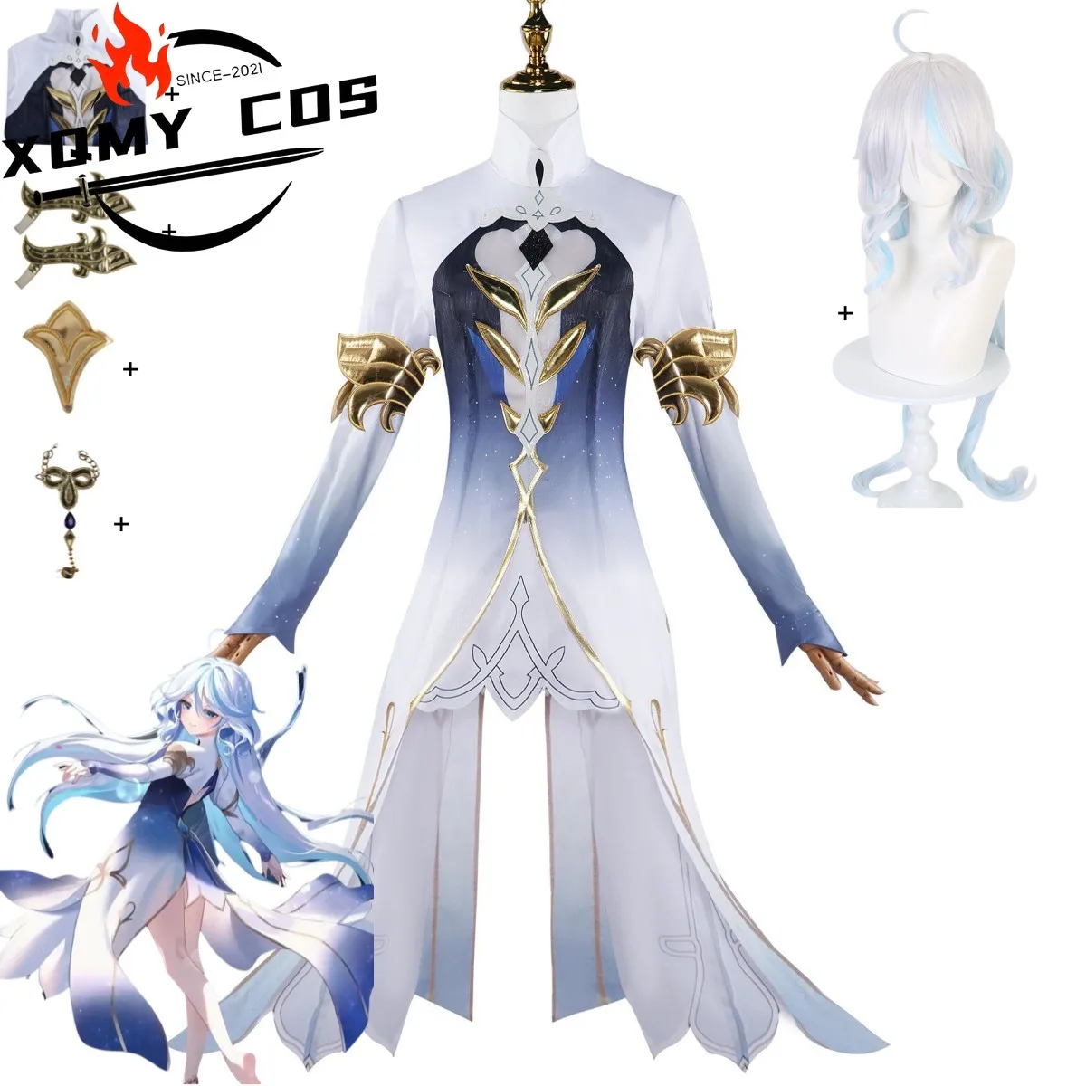 

XqGame Furina Focalors Косплей Костюм Суд Фонтеина Семь Богов Воды Бог Белое Синее Платье Парик Женский Сексуальный Карнавальный Костюм
