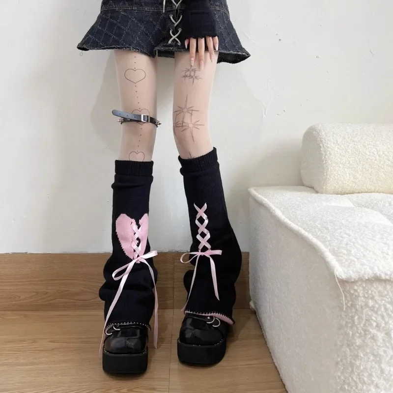 Y2k Sweet Love Heart Bandage Bow Knitted Leg Warmers Gothic Punk Lolita Bow Harajuku Japanese JK Uniform Ribbon Leg Covers Socks