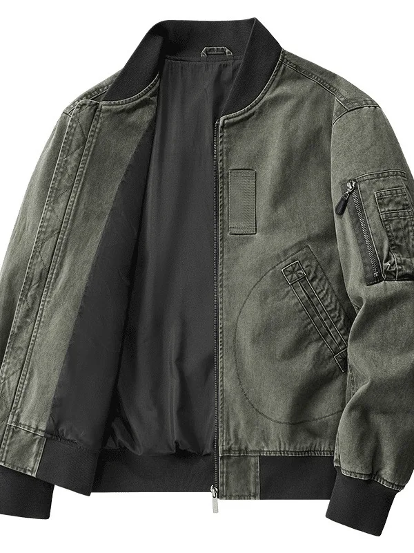 

American Sle Baseball Collar Jaet Spring Autumn Cotton Casual Loose Fit Men's Coat Zipper Closure ort Length Pure Color