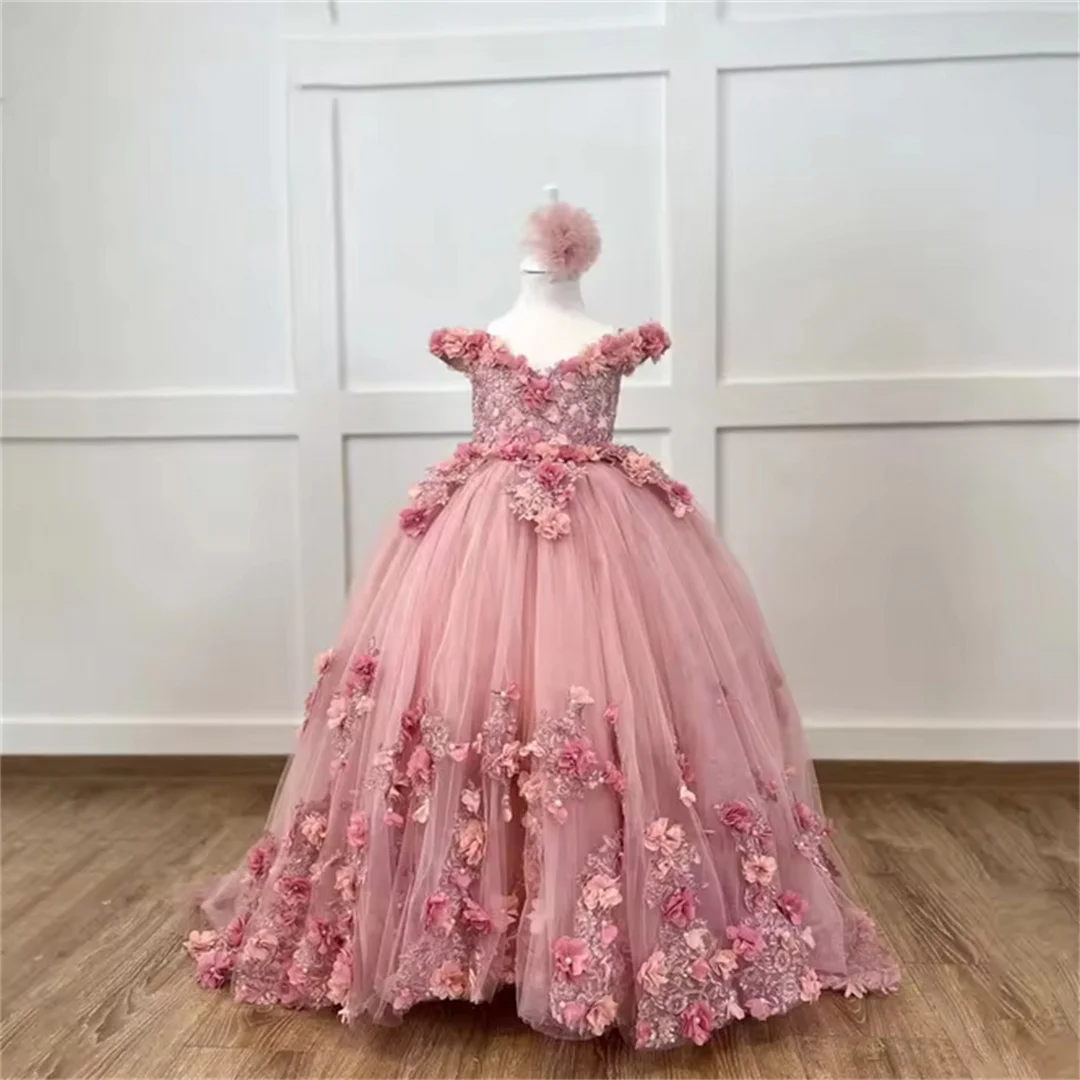 

Customized Applique Flower Girl Dress For Wedding Pink Tulle V-neck Ball Gown Princess Luxury Kids Birthday Evening Party Dress