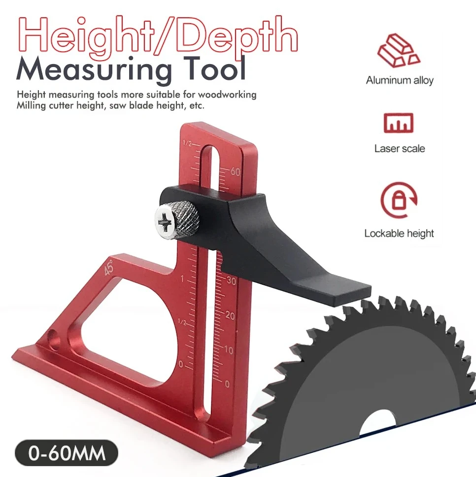 Precision Table Saw Depth Gauge, 0-60mm Adjustable Aluminum Alloy Tool with Metric/Inch Scale for Router Bits & Blade Height