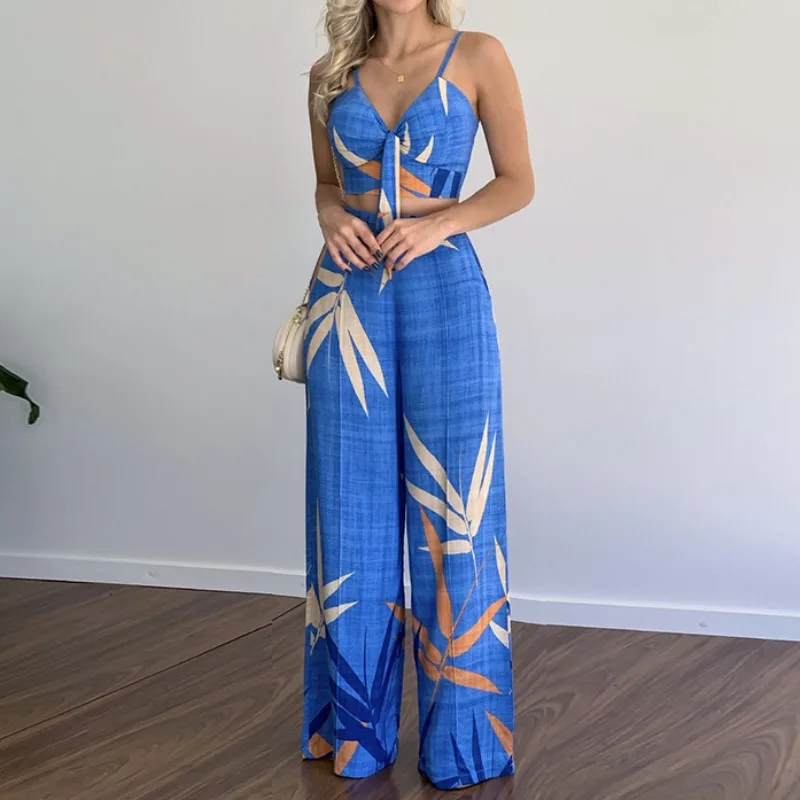 

Women's Two-piece Set Printed Fashion V-neck Camisole Sleeveless Top Casual High Waisted Wide Leg Pant Sets