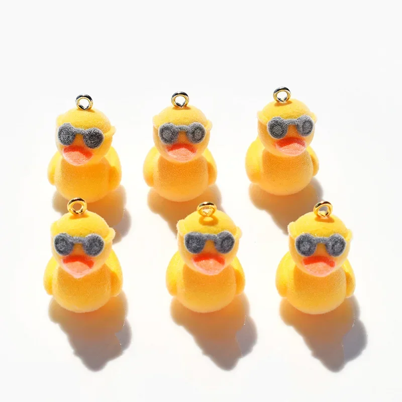 30Pcs 3D Cute Cartoon Flocking Animal Yellow Duck Charms Resin Pendant Earrings Keychain Accessories for DIY Crafts Jewelry Make