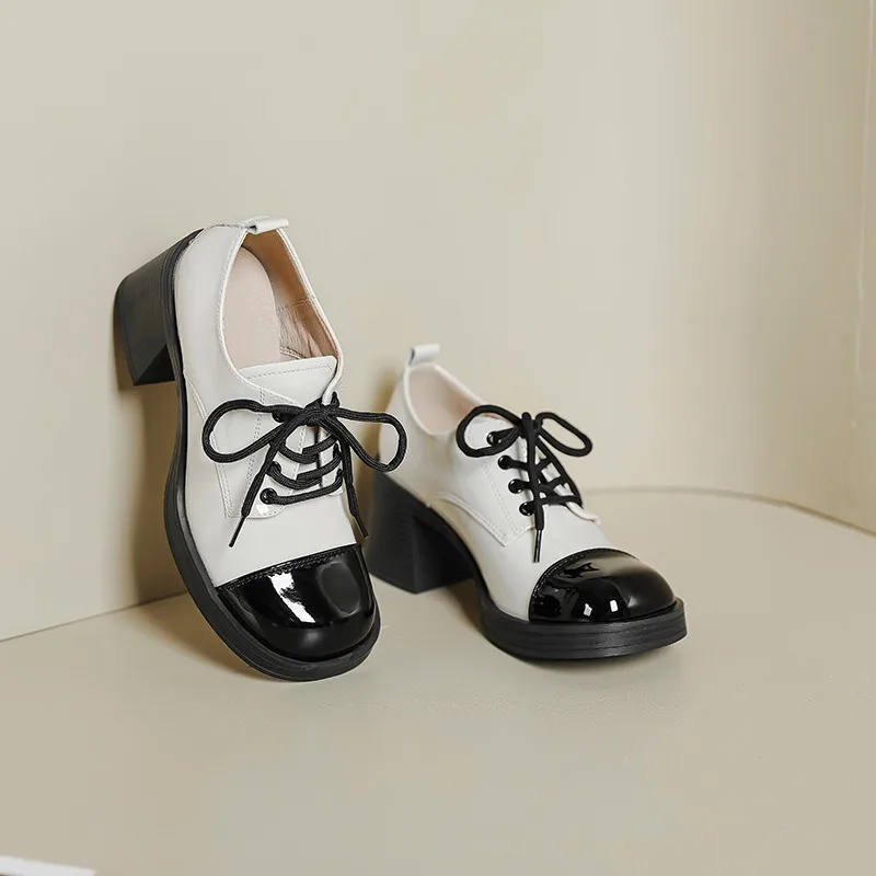 Women's Shoes French Style Square Head Small Leather Shoes Lace Up Women's Loafers Fahion Patent Leather Thick Heel Single Shoes