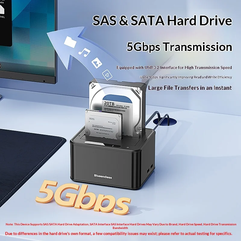 Blueendless Dual Bay Hard Drive Docking Station 2.5 3.5 Inch SATA SAS HDD SSD Dock USB 3.2 5Gbps 40TB External HDD Enclosure view 3
