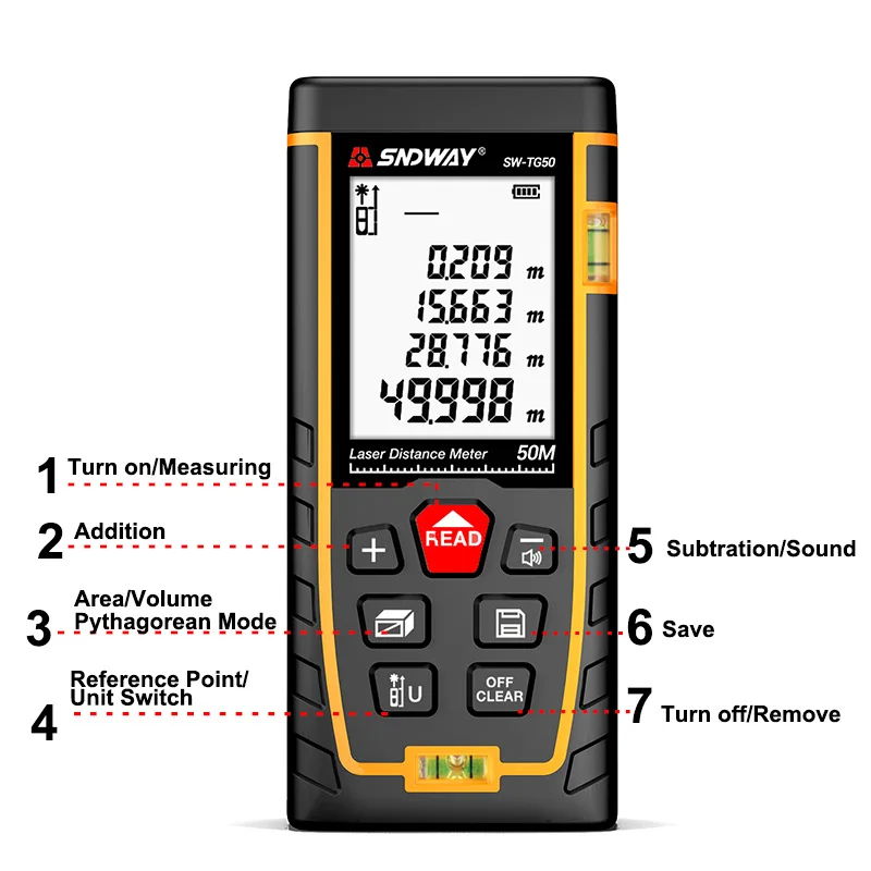 SNDWAY 내구성 레이저 거리 측정기, 디지털 룰렛 Trena 레이저, 고정밀 레이저 줄자, 거리 계량기, 50m, 100m, 120m