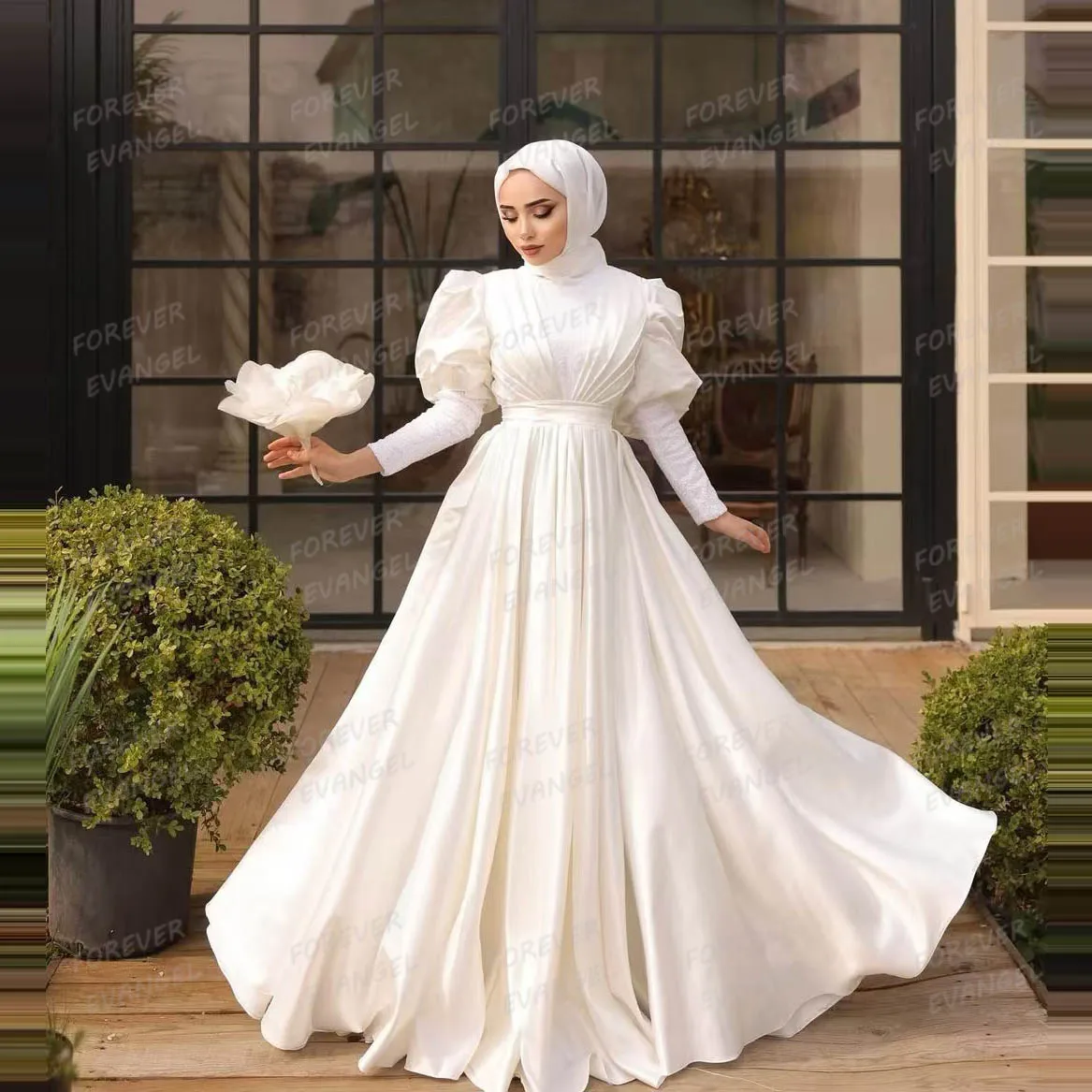 

Simple Muslim Wedding Dresses A Line Woman's Long Puff Sleeve High Neck Formal Bride Gowns Elegant Vestidos De Novia Customized