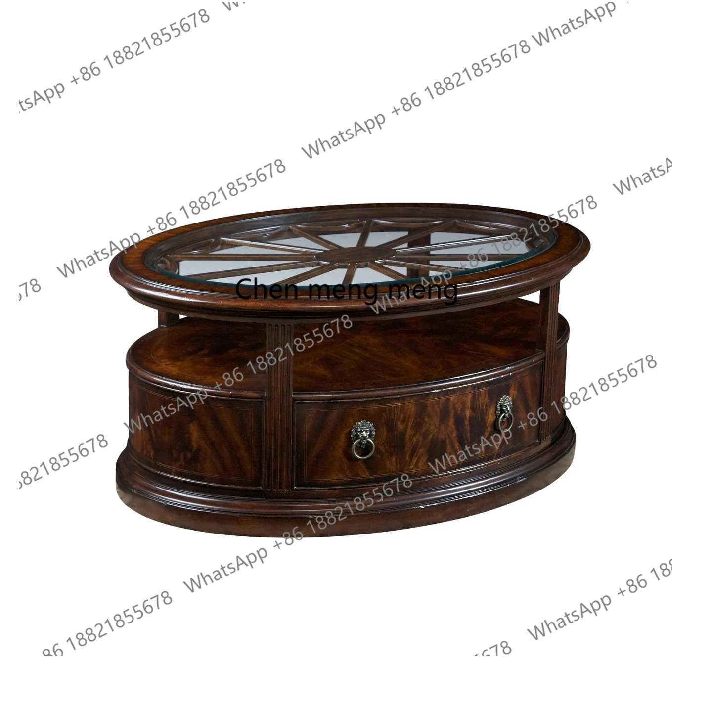 

American old solid wood coffee table oval retro carved coffee table living room storage tea table