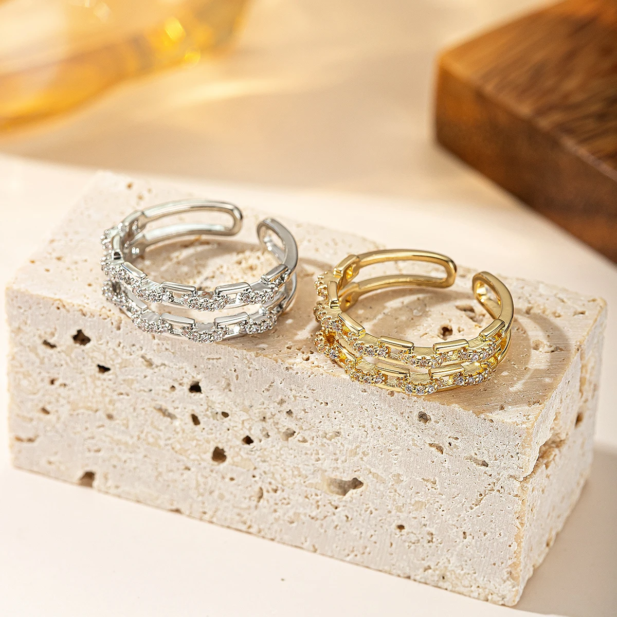 Women Double Layer Chain Link Zircon Open Ring Gold Silver Color Adjustable Stackable Finger Ring Fashion Jewelry