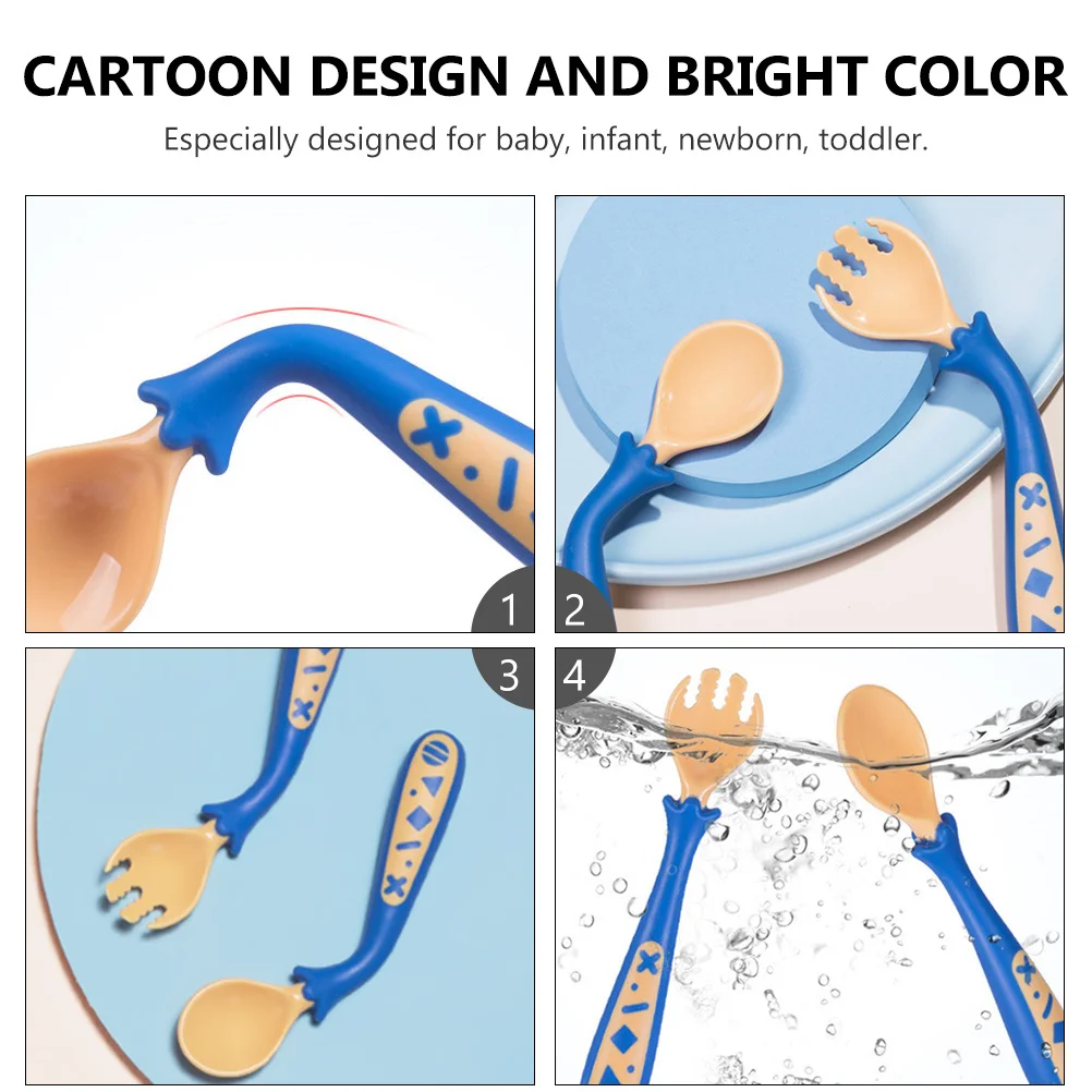 

1 Set Baby Feeding Spoon Fork Set Bendable Pp Tpe Stainless Steel Cartoon Color Training Utensils For Infant Toddler Appetite