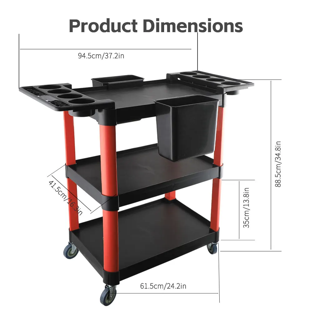 3-Tier Rolling Utility Cart, Automotive Service Tool Storage Trolley with Cup Holders & Detachable Bin, Mobile Workshop Organizer Cart for Garage, Auto Repair, Salon