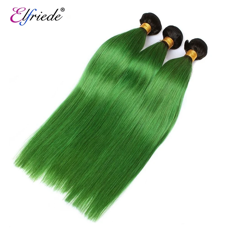 Elfriede #1B/Green Straight Hair Bundles with 4X4 Lace Closure Brazilian 100% Remy Human Hair Extensions 3 Bundles with Closure