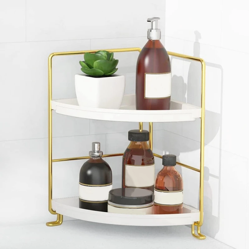 1 Piece 2-Tier Corner Bathroom Countertop Organizer Tiny Bedroom Dresser Storage Tray Gold