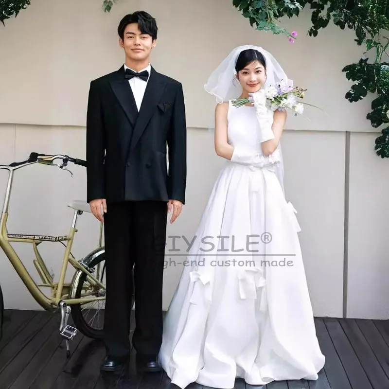 지이실 맞춤형 라운드넥 2025 신상 섹시 넥라인 새틴 라이트 웨딩드레스 제인 화이트 슬리브리스 보우 파티 이브닝 드레스